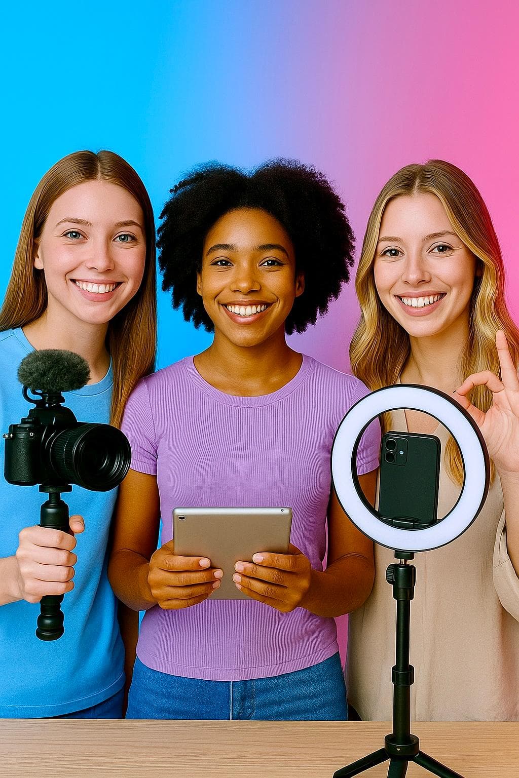 Créatrices de contenu illico1.com — caméra, tablette, ring light